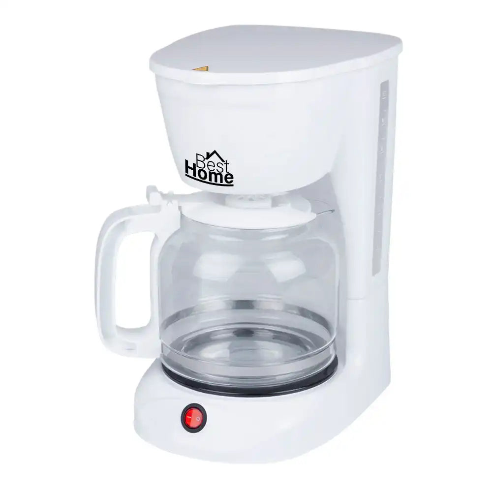 Cafetera eléctrica blanca de goteo con una jarra de vidrio.