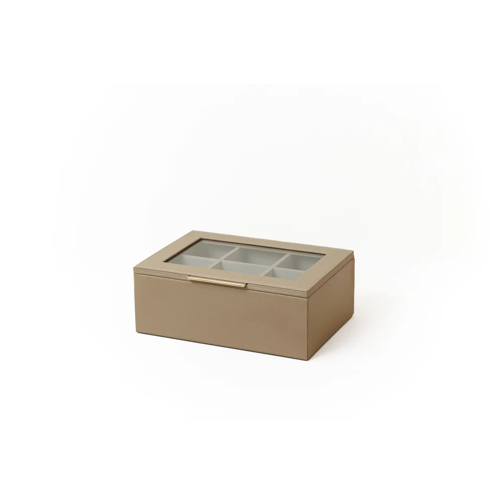 Caja de Té Nudo 6 Div Tapa de Piel o Con Vidrio - Piel / Dove - Té