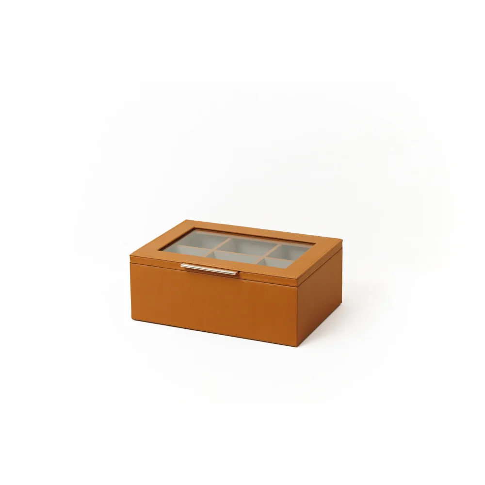 Caja de Té Nudo 6 Div Tapa de Piel o Con Vidrio - Piel / Miel E - Té