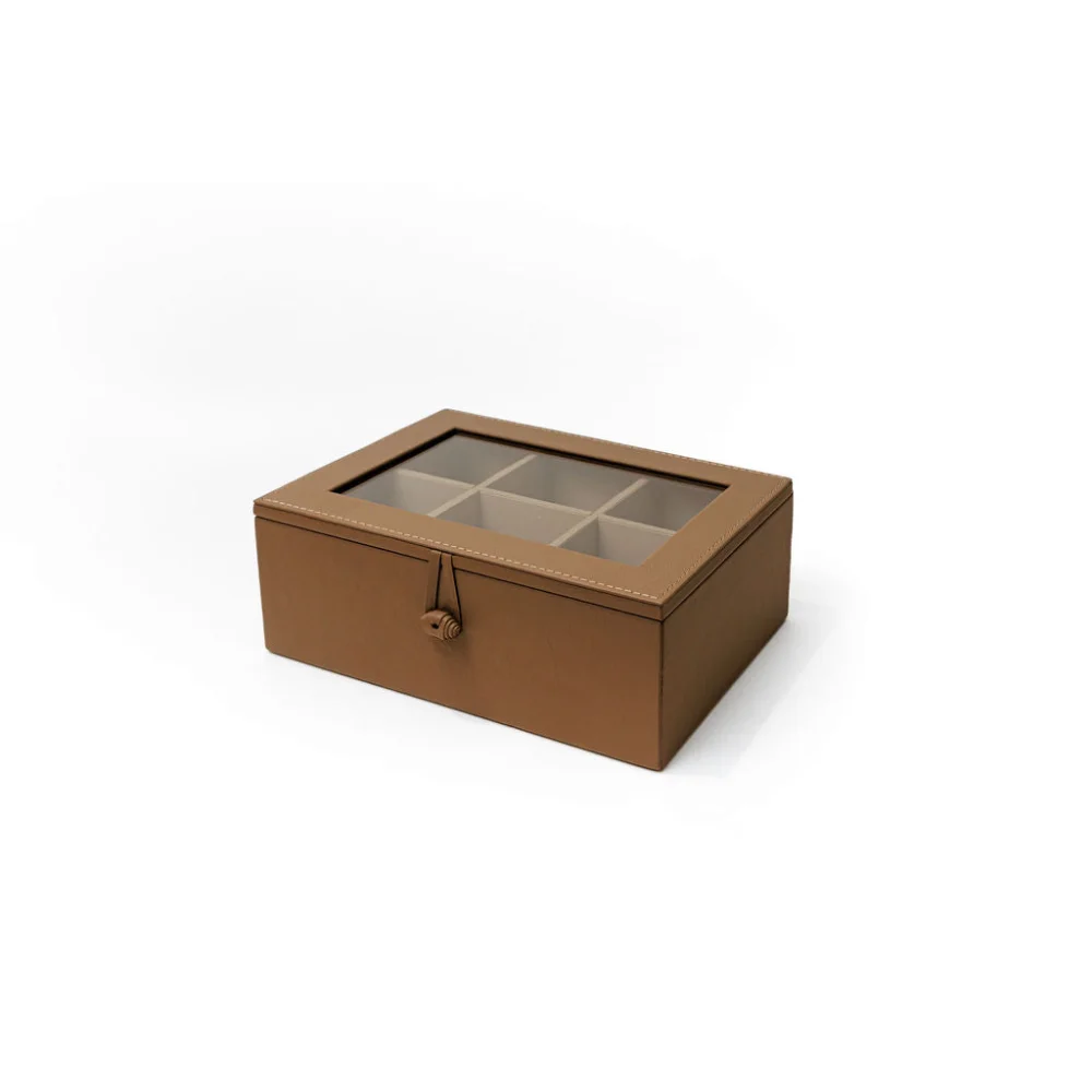 Caja de Té Nudo 6 Div Tapa de Piel o Con Vidrio - Con Vidrio / Tabaco E - Té