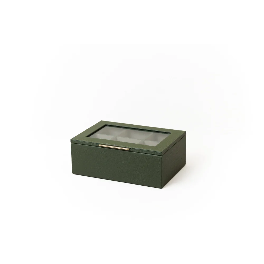 Caja de Té Nudo 6 Div Tapa de Piel o Con Vidrio - Piel / Verde Olivo - Té
