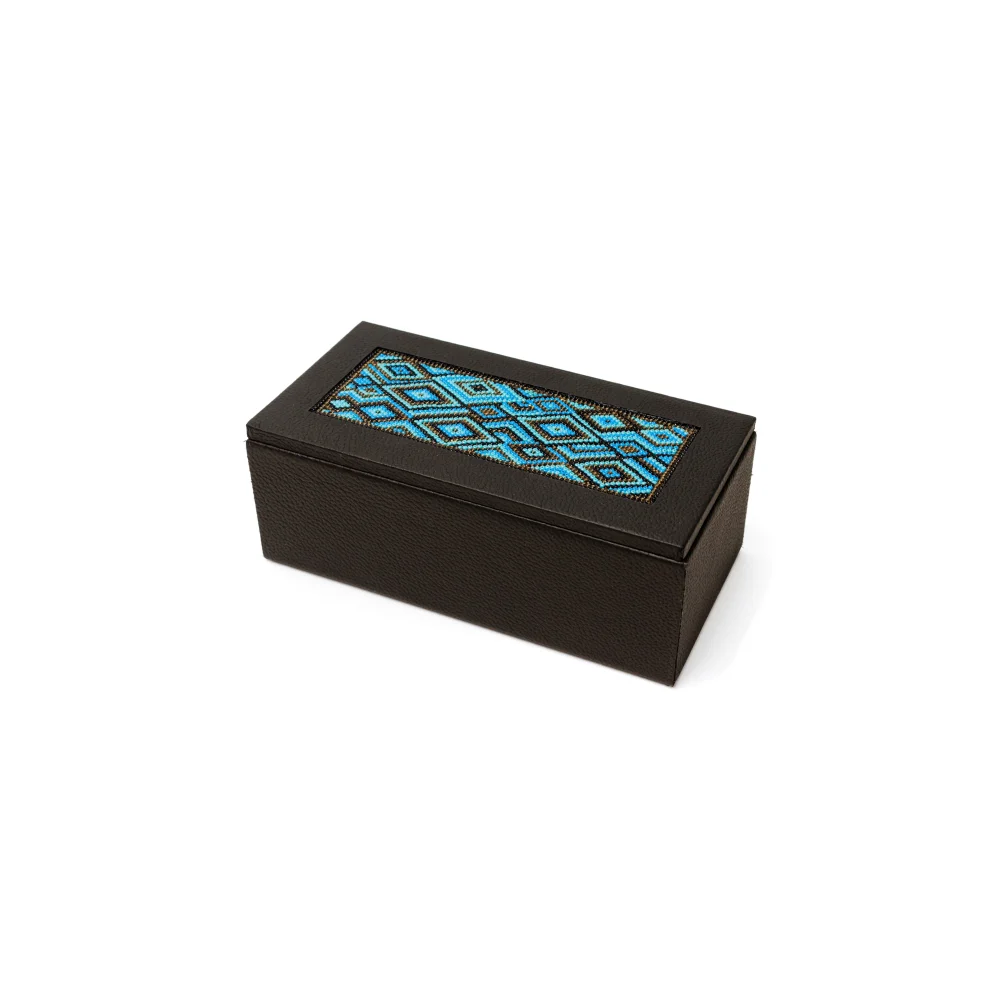 Caja Rectangular Mediana con Huichol - Azul Marino