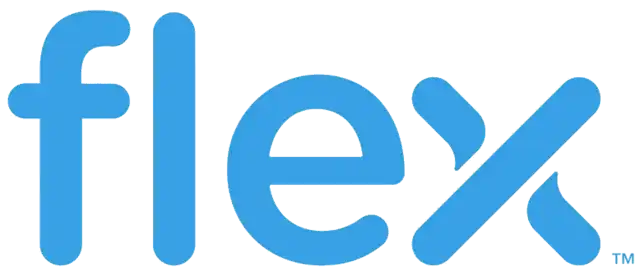Logotipo ‘flex’ azul con letras redondeadas.