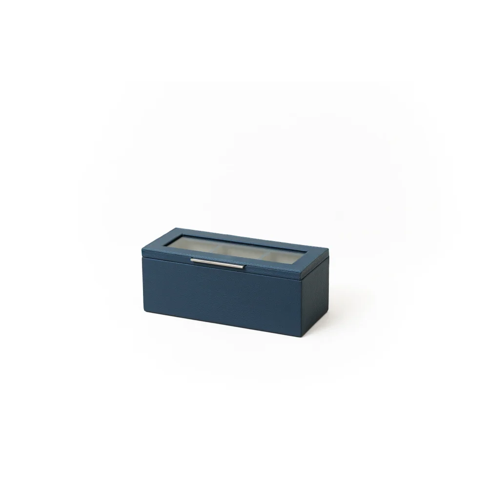 Caja de Té Nudo 3 Div Tapa de Piel o Con Vidrio - Con Vidrio / Azul Talavera - Té