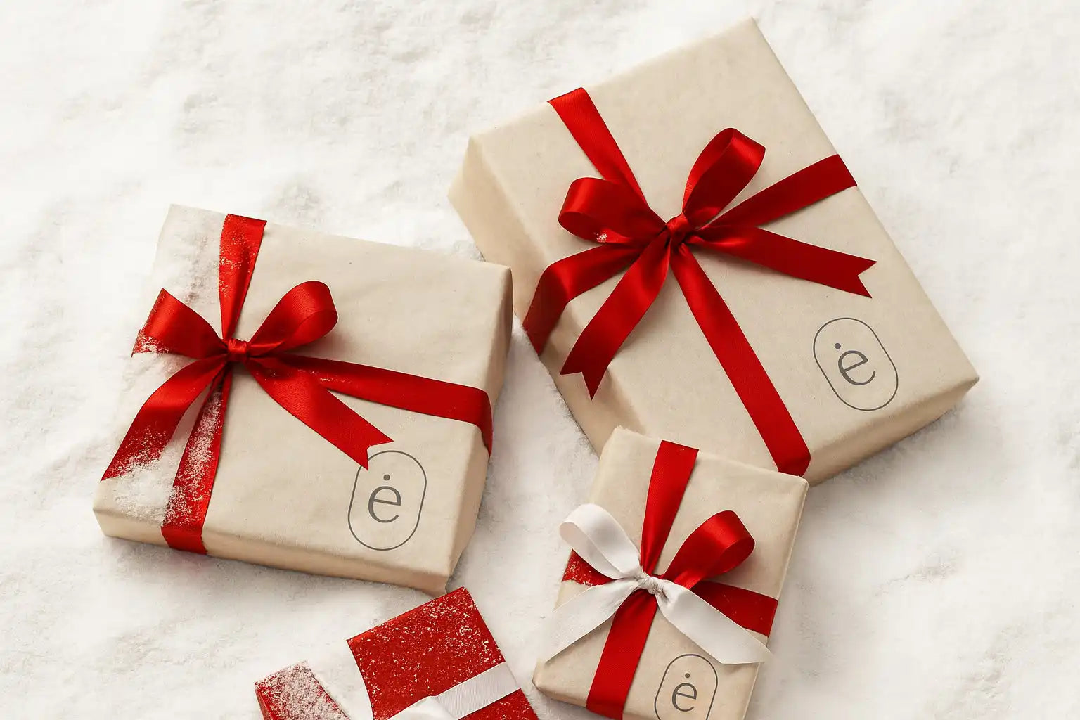 Cajas de regalo crema con lazos de cinta roja y logotipo 'e'.